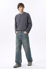 Men's 100% Cotton Dirty Washed Relaxed Straight Leg Jeans