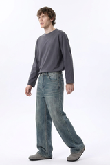 Men's 100% Cotton Dirty Washed Relaxed Straight Leg Jeans