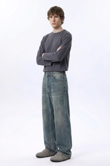 Men's 100% Cotton Dirty Washed Relaxed Straight Leg Jeans