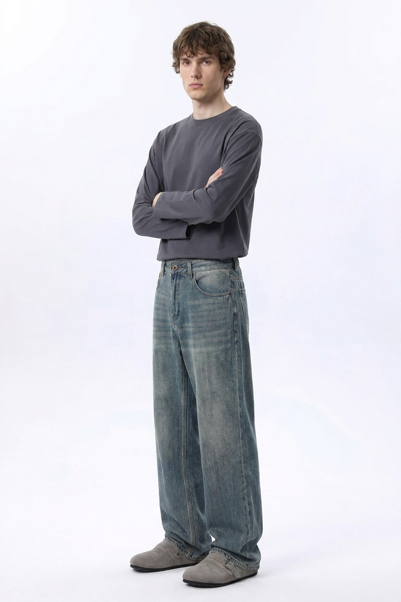 Men's 100% Cotton Dirty Washed Relaxed Straight Leg Jeans