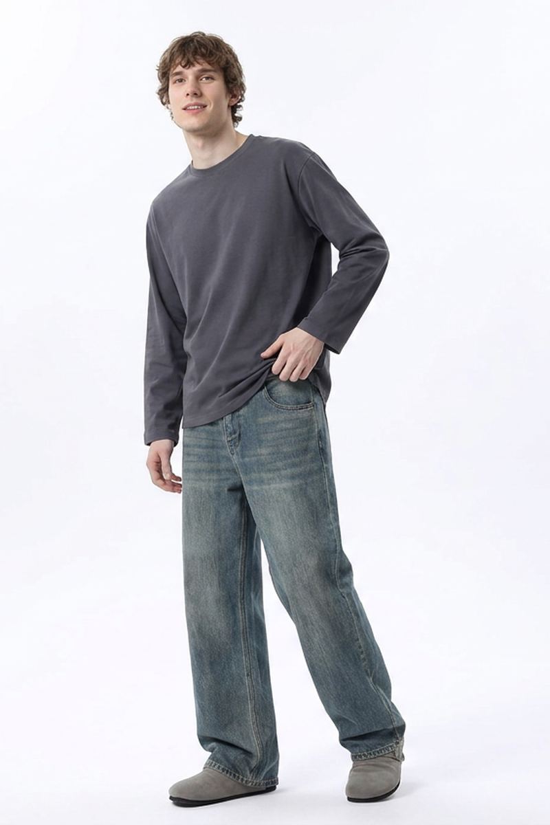 Men's 100% Cotton Dirty Washed Relaxed Straight Leg Jeans