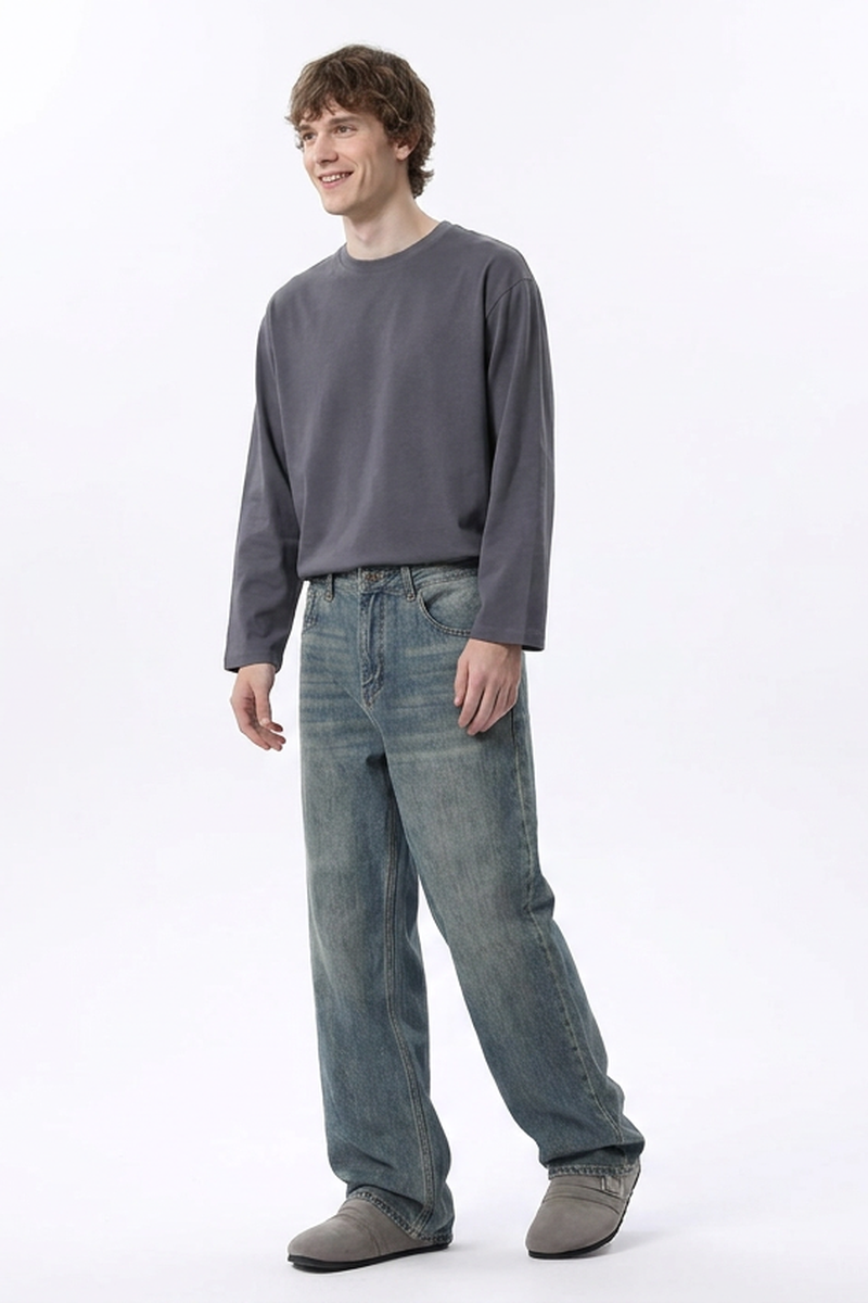 Men's 100% Cotton Dirty Washed Relaxed Straight Leg Jeans