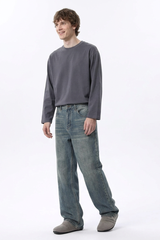 Men's 100% Cotton Dirty Washed Relaxed Straight Leg Jeans