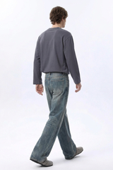Men's 100% Cotton Dirty Washed Relaxed Straight Leg Jeans