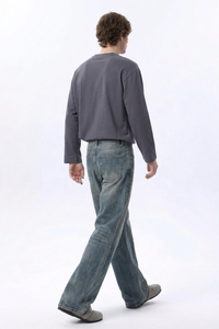 Men's 100% Cotton Dirty Washed Relaxed Straight Leg Jeans
