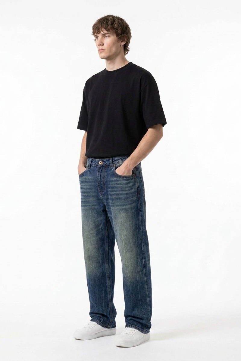 Men's Classic Blue Wash High Waist Straight Leg Jeans