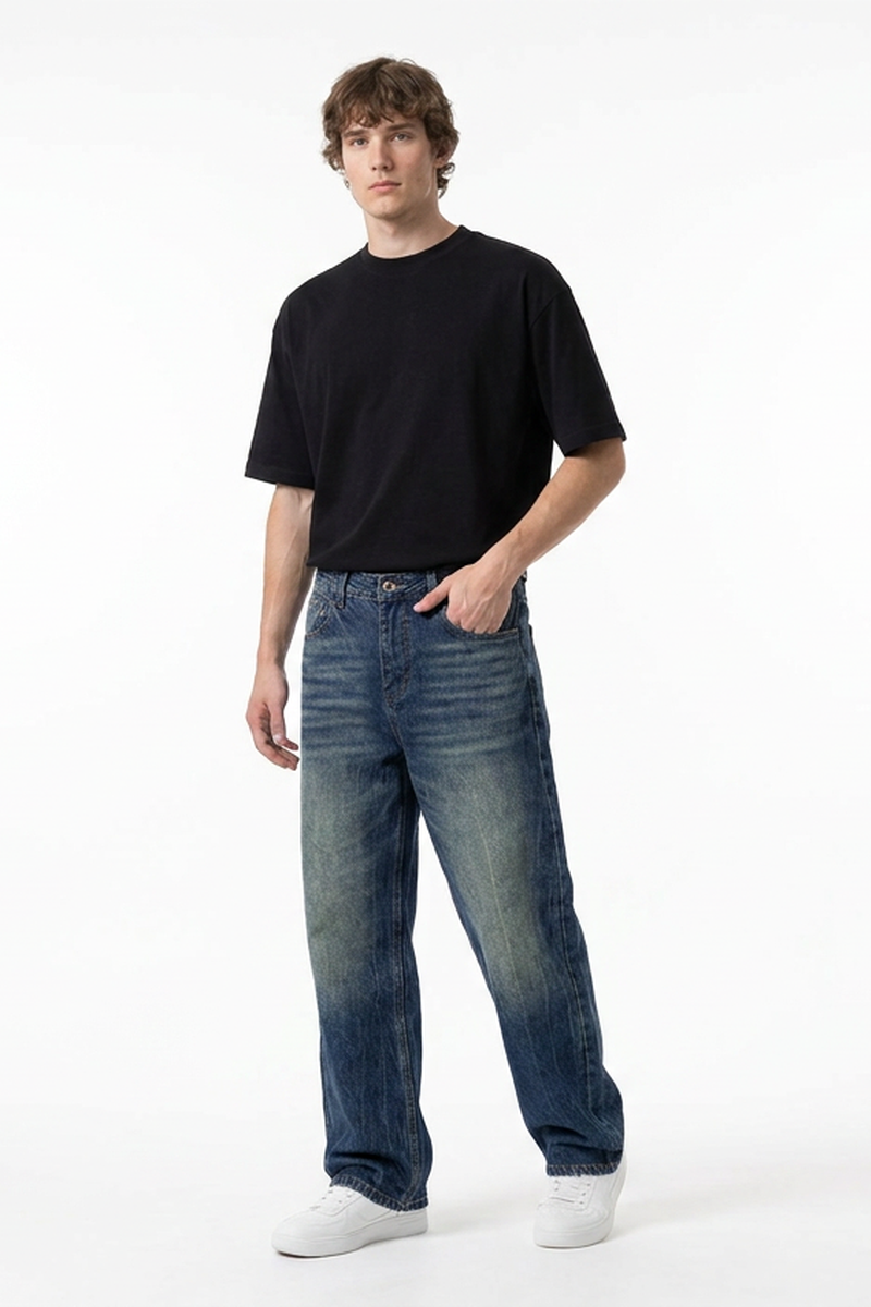 Men's Classic Blue Wash High Waist Straight Leg Jeans