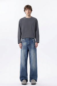 Men's 100% Cotton Distressed High Waist Wide Leg Jeans