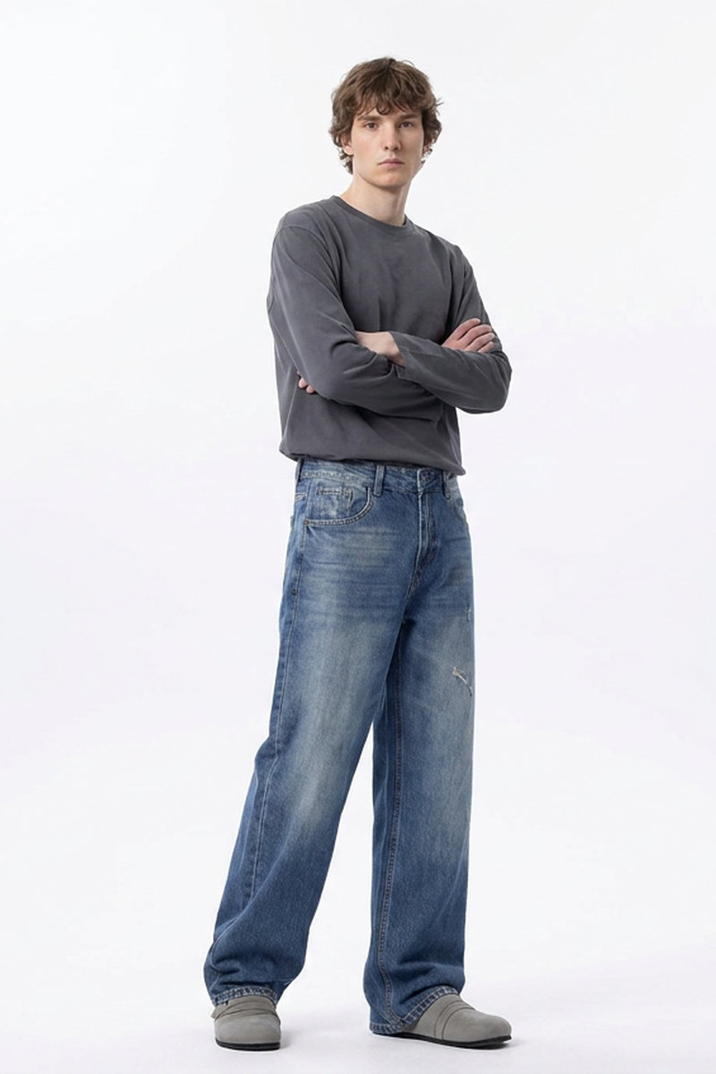 Men's 100% Cotton Distressed High Waist Wide Leg Jeans