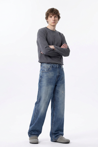 Men's 100% Cotton Distressed High Waist Wide Leg Jeans