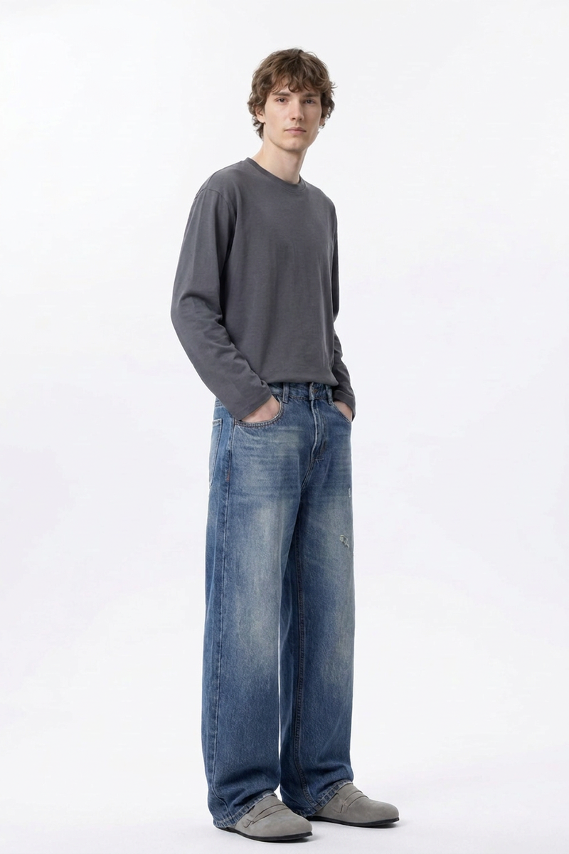 Men's 100% Cotton Distressed High Waist Wide Leg Jeans