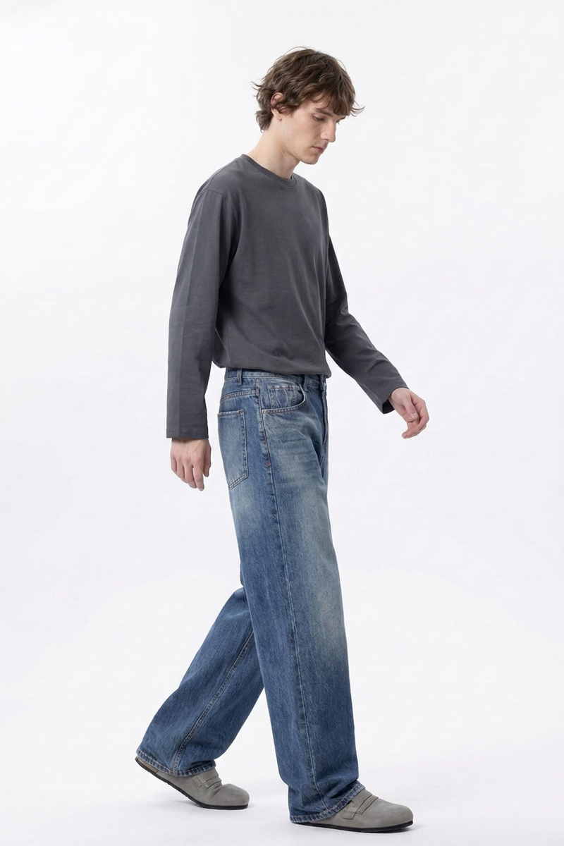 Men's 100% Cotton Distressed High Waist Wide Leg Jeans