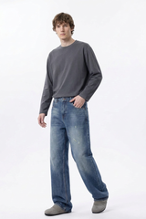 Men's 100% Cotton Distressed High Waist Wide Leg Jeans