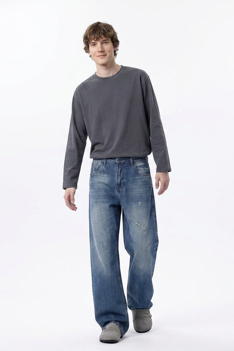 Men's 100% Cotton Distressed High Waist Wide Leg Jeans