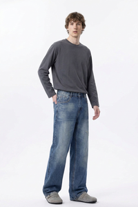Men's 100% Cotton Distressed High Waist Wide Leg Jeans