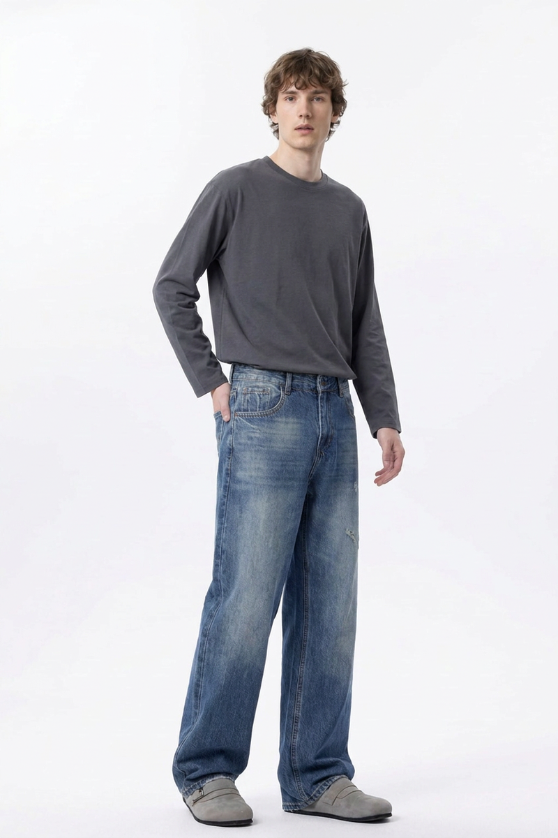 Men's 100% Cotton Distressed High Waist Wide Leg Jeans