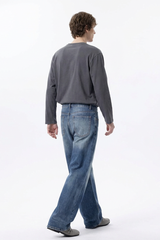 Men's 100% Cotton Distressed High Waist Wide Leg Jeans