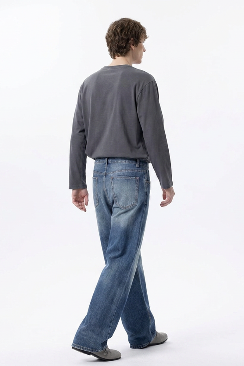 Men's 100% Cotton Distressed High Waist Wide Leg Jeans