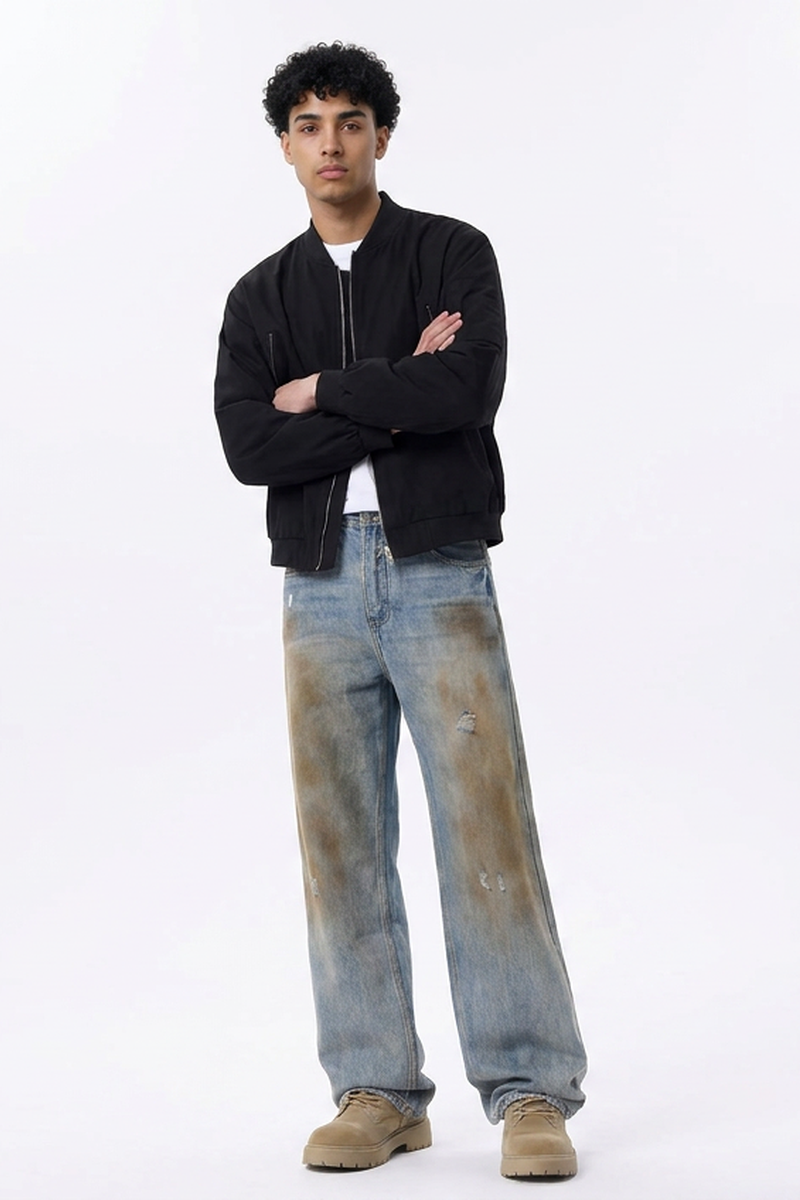 Men's  100% Cotton Dirty Wash Relaxed Straight Leg Jeans