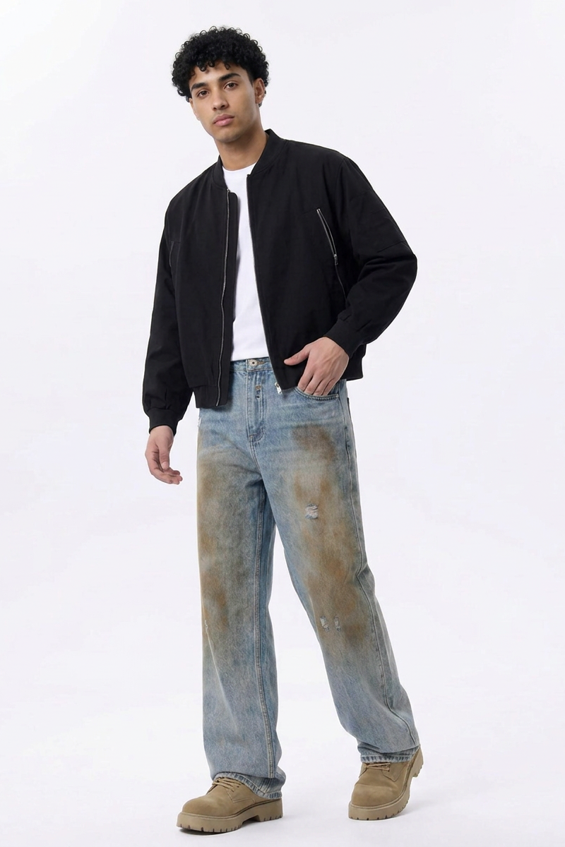 Men's  100% Cotton Dirty Wash Relaxed Straight Leg Jeans