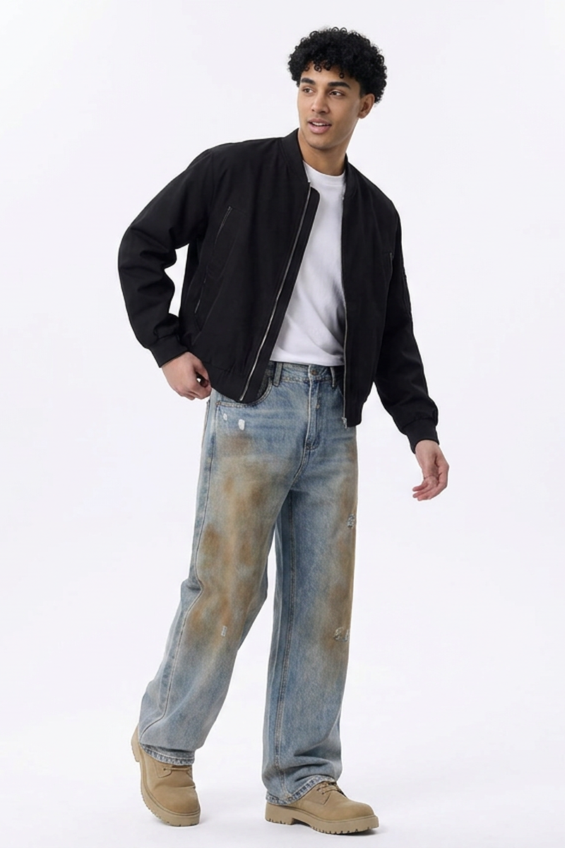 Men's  100% Cotton Dirty Wash Relaxed Straight Leg Jeans