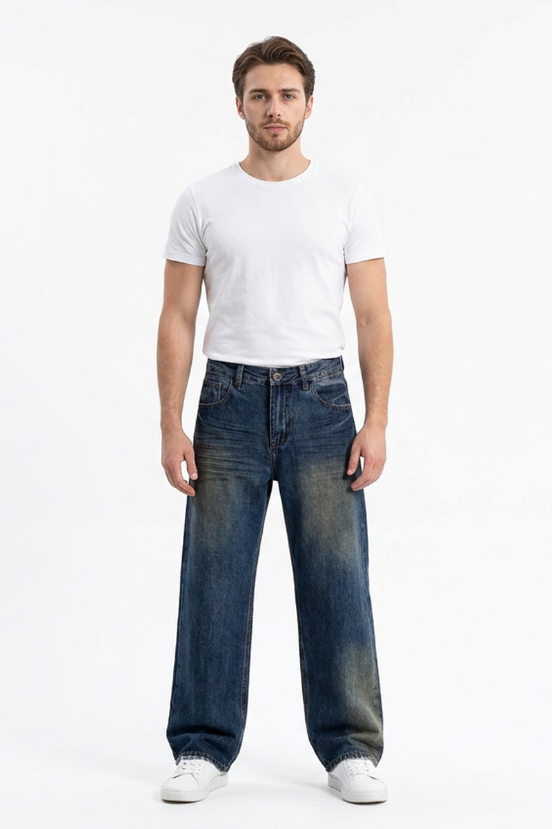 Men's 100% Cotton Washed Relaxed Straight Leg Jeans