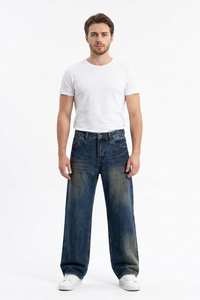 Men's 100% Cotton Washed Relaxed Straight Leg Jeans