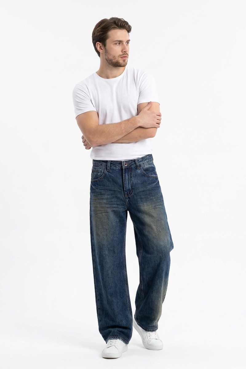 Men's 100% Cotton Washed Relaxed Straight Leg Jeans