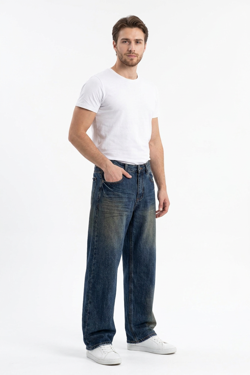 Men's 100% Cotton Washed Relaxed Straight Leg Jeans