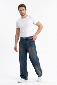 Men's 100% Cotton Washed Relaxed Straight Leg Jeans