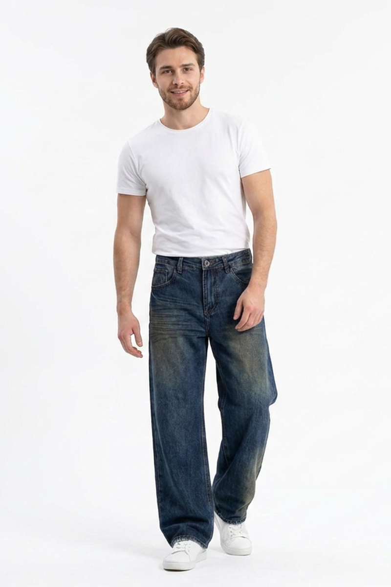 Men's 100% Cotton Washed Relaxed Straight Leg Jeans