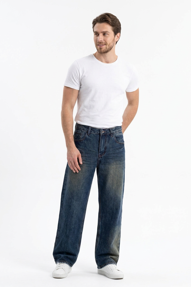 Men's 100% Cotton Washed Relaxed Straight Leg Jeans