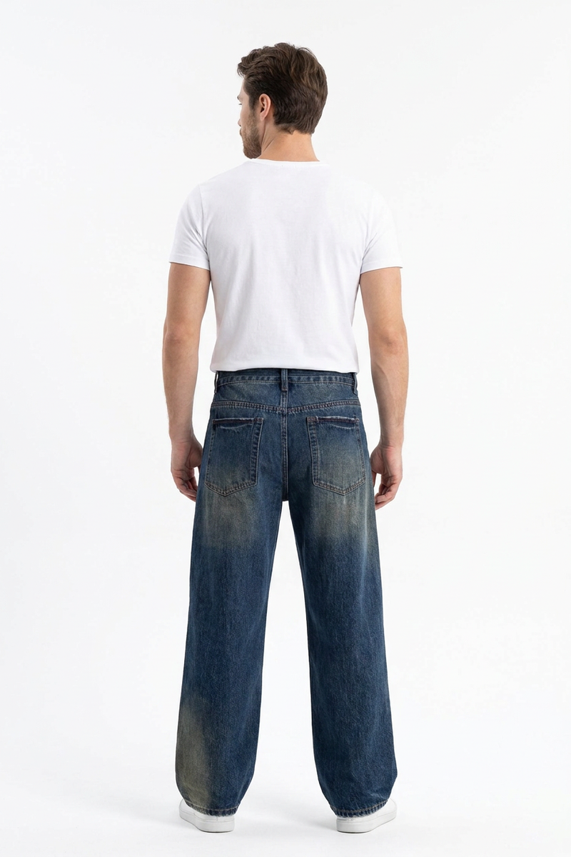 Men's 100% Cotton Washed Relaxed Straight Leg Jeans