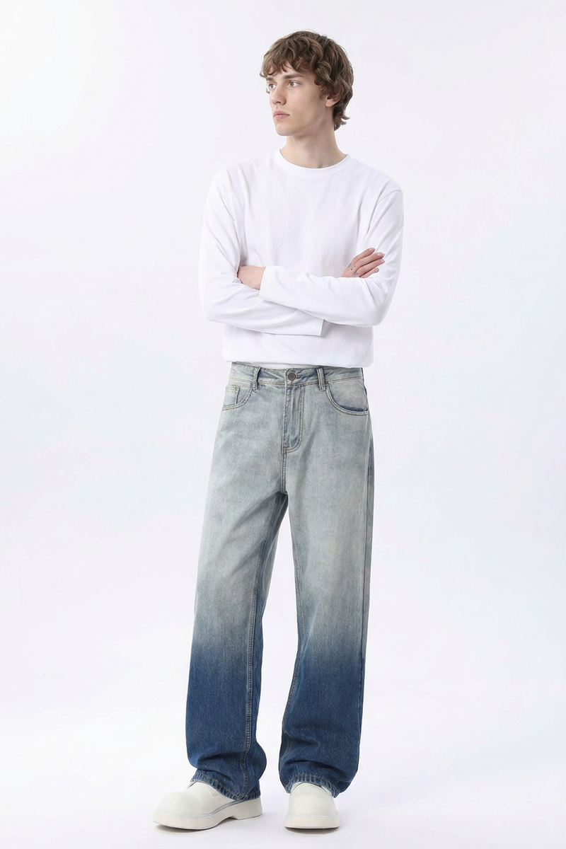 Men's  100% Cotton Gradient Washed Straight Leg Jeans