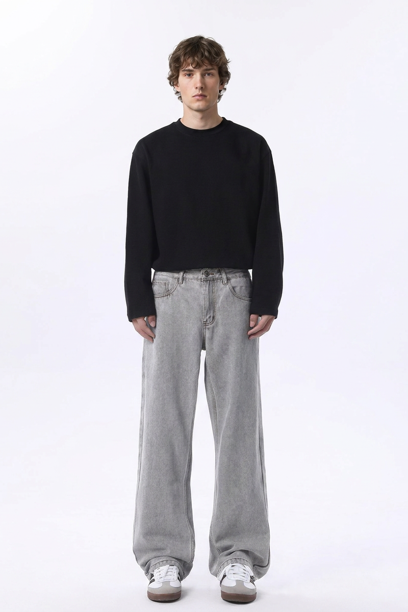 Men's Silver Gray Wash High Waist Wide Leg Jeans