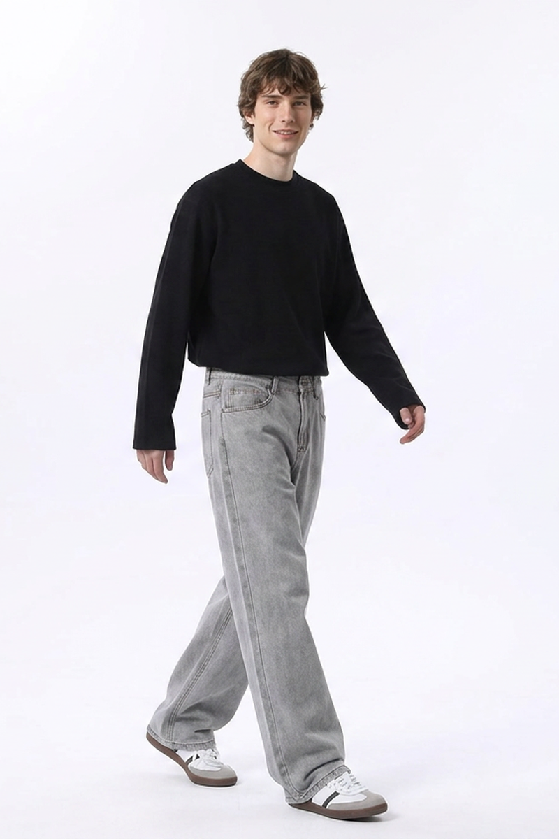 Men's Silver Gray Wash High Waist Wide Leg Jeans