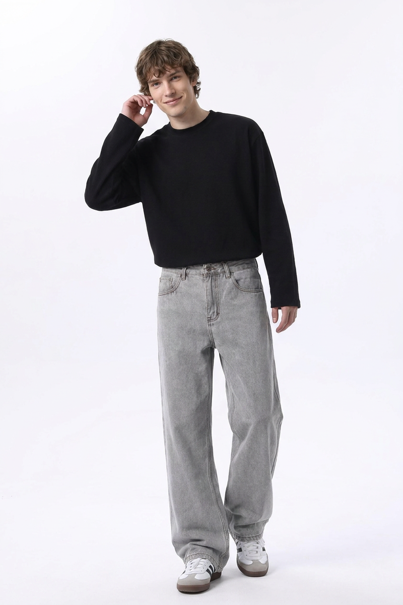 Men's Silver Gray Wash High Waist Wide Leg Jeans