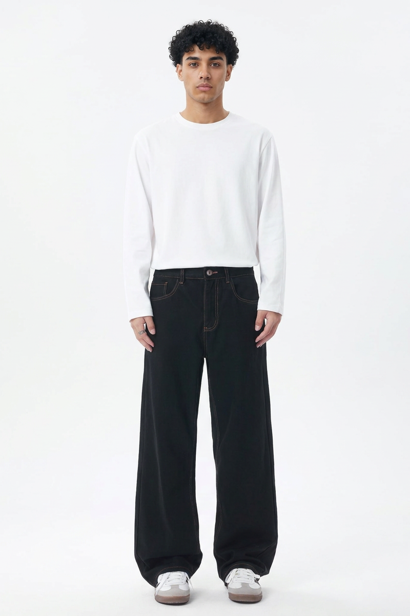 Men's Fall Raw Black Relaxed Casual Straight Leg Jeans