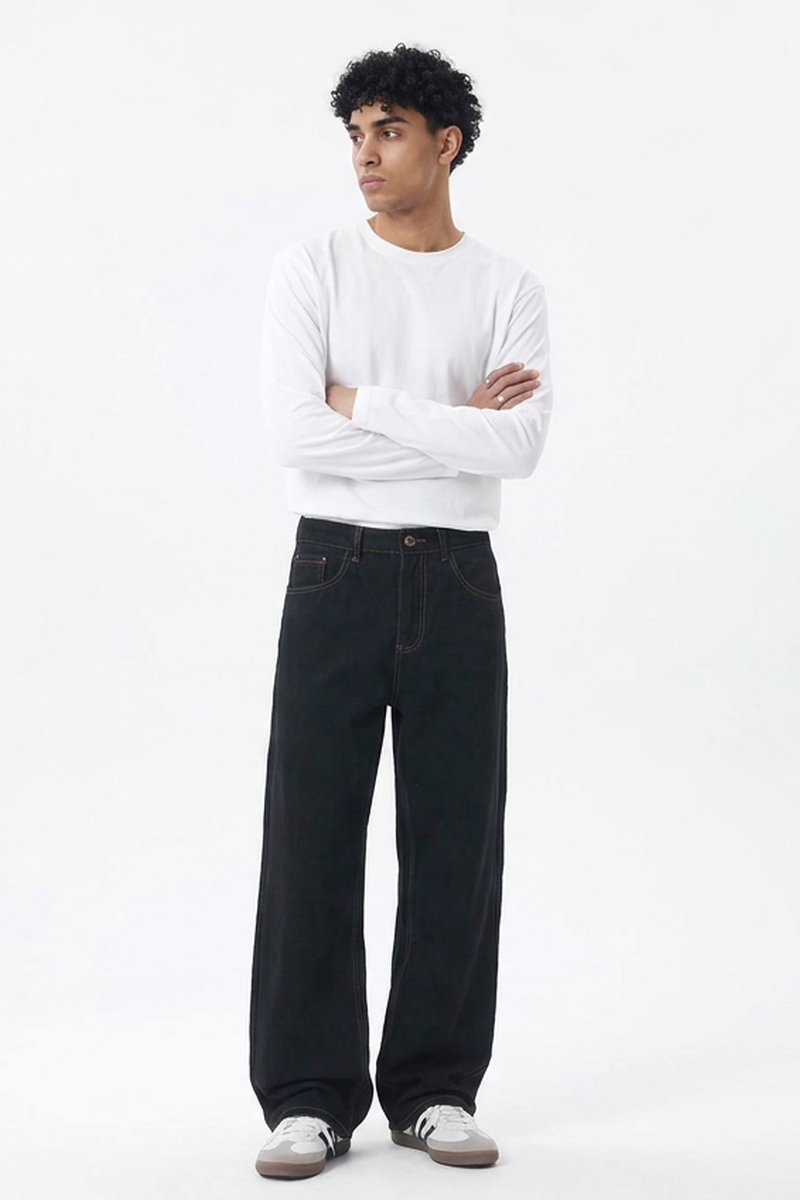 Men's Fall Raw Black Relaxed Casual Straight Leg Jeans