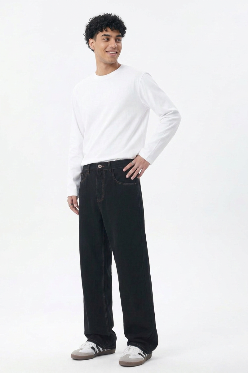 Men's Fall Raw Black Relaxed Casual Straight Leg Jeans