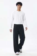 Men's Fall Raw Black Relaxed Casual Straight Leg Jeans