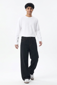 Men's Fall Raw Black Relaxed Casual Straight Leg Jeans