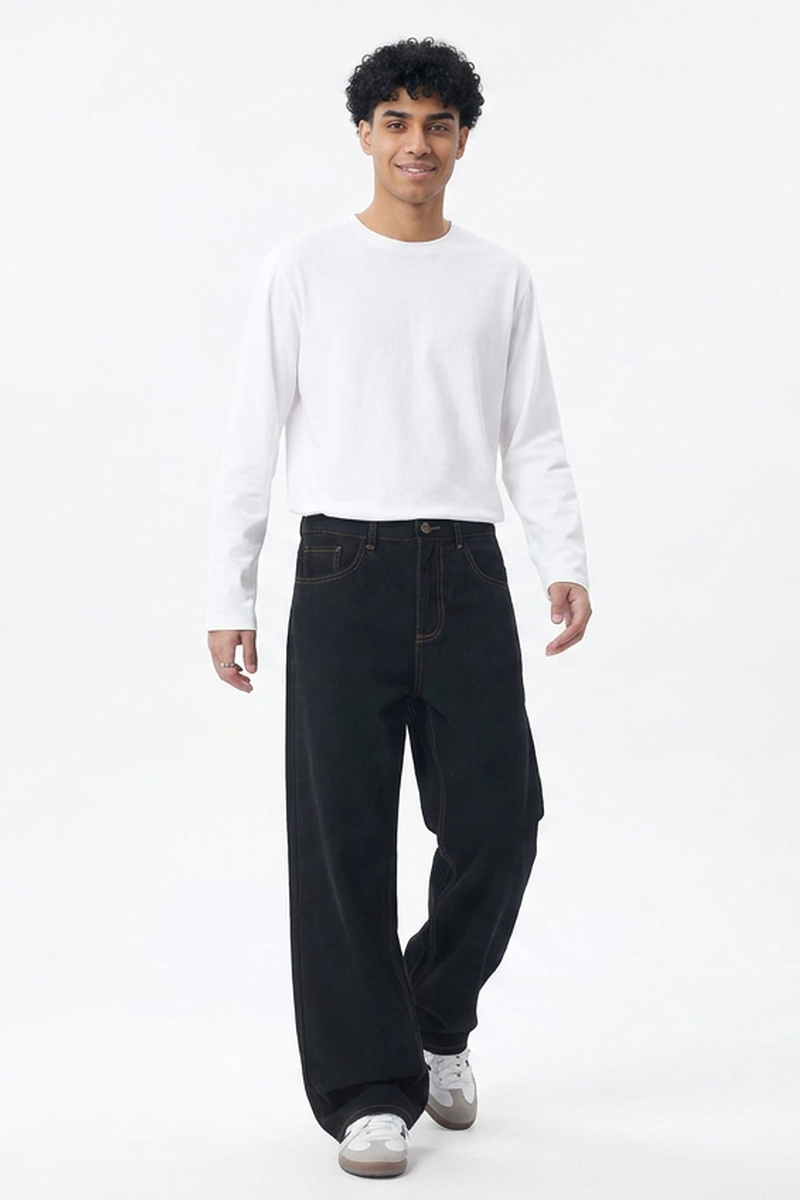 Men's Fall Raw Black Relaxed Casual Straight Leg Jeans