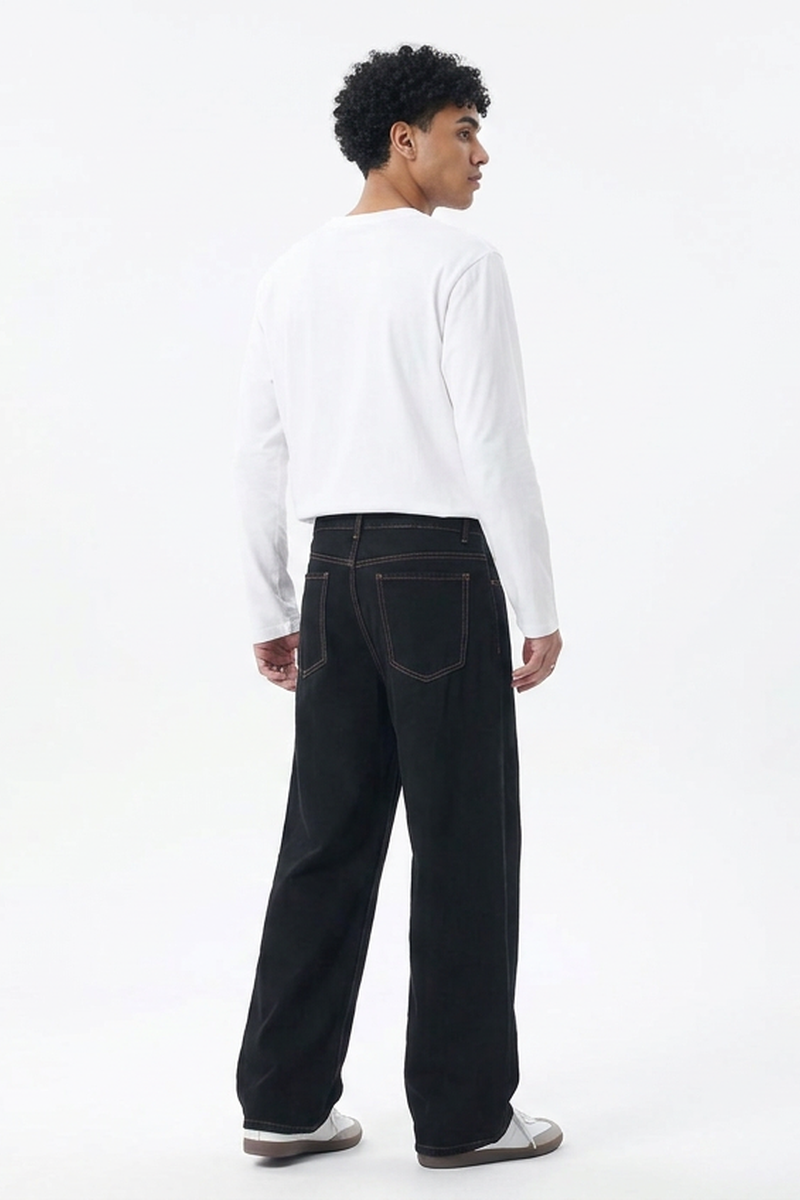 Men's Fall Raw Black Relaxed Casual Straight Leg Jeans