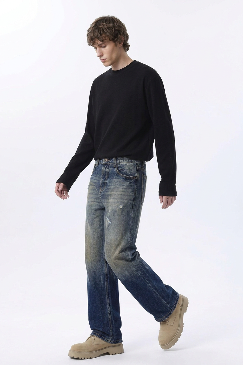 Men's Retro Gradient Ripped Straight Leg Jeans