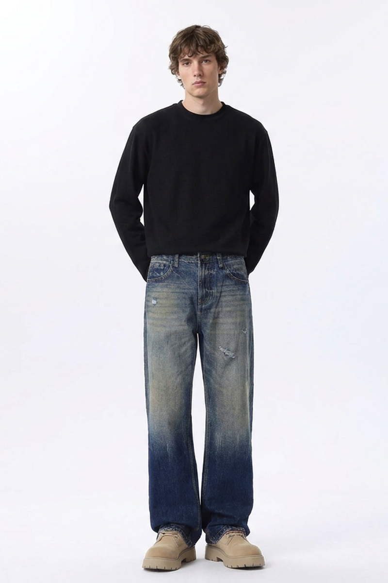 Men's Retro Gradient Ripped Straight Leg Jeans
