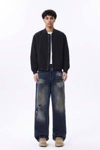 Men's Ripped Whiskering Washed Straight Leg Jeans