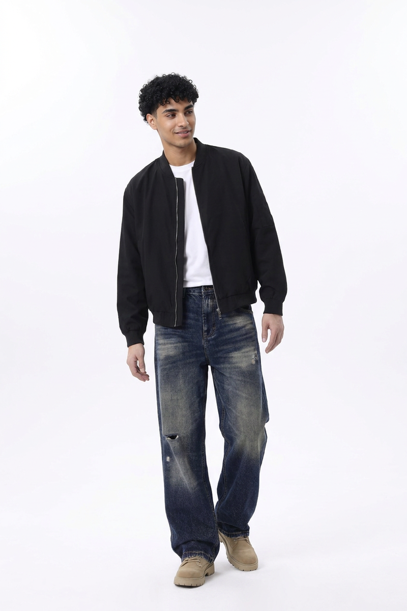 Men's Ripped Whiskering Washed Straight Leg Jeans