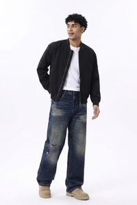 Men's Ripped Whiskering Washed Straight Leg Jeans