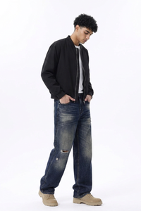 Men's Ripped Whiskering Washed Straight Leg Jeans